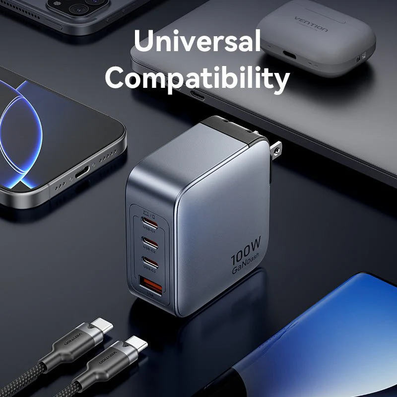 Vention 4-Port USB (C + C + C + A) GaN Charger (100W/100W/30W/30W) Gray with USB-C to USB-C Cable (1M) Black US-Plug - Image 12