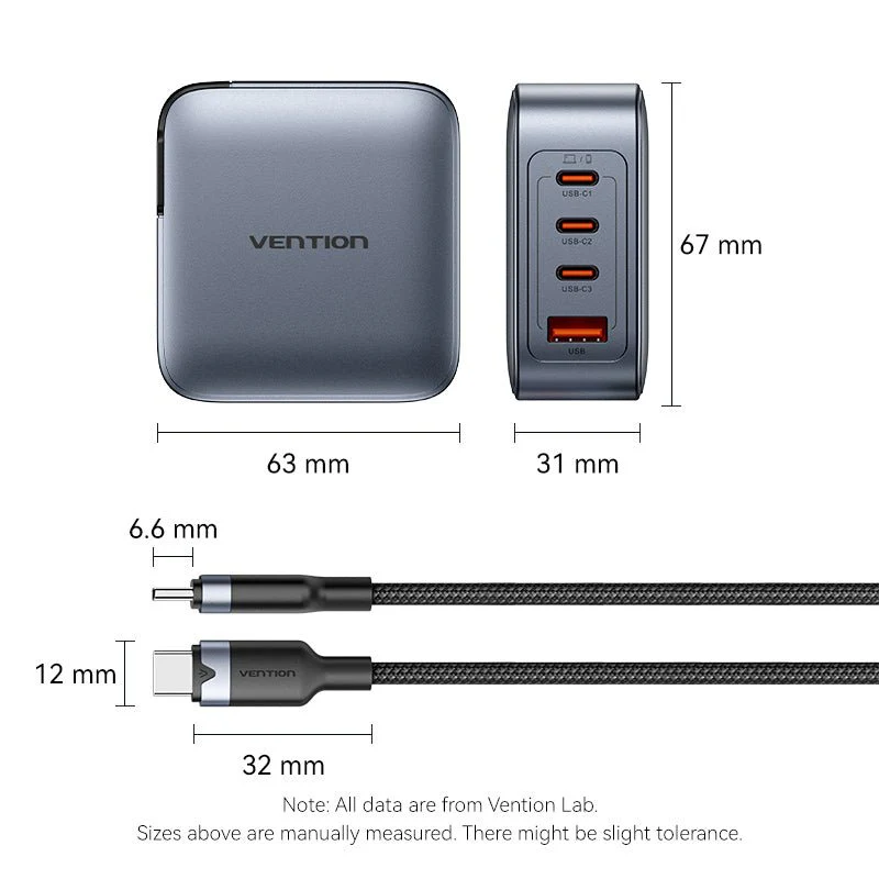 Vention 4-Port USB (C + C + C + A) GaN Charger (100W/100W/30W/30W) Gray with USB-C to USB-C Cable (1M) Black US-Plug - Image 13