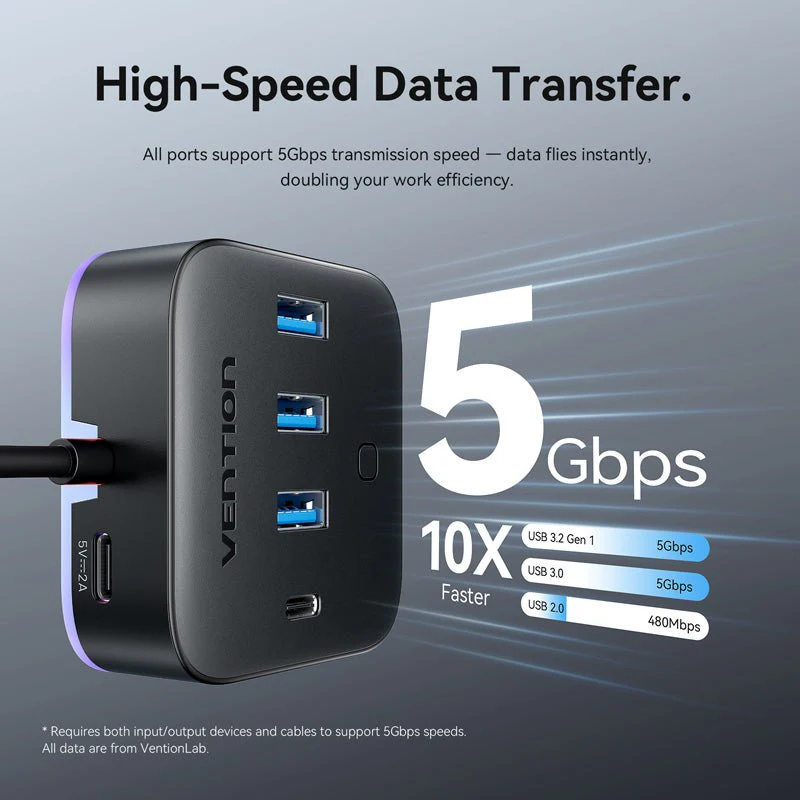 Vention USB 3.0 to USB 3.2 Gen 1 Type-C/USB 3.0*3/USB-C Desk Hub Black - Image 4