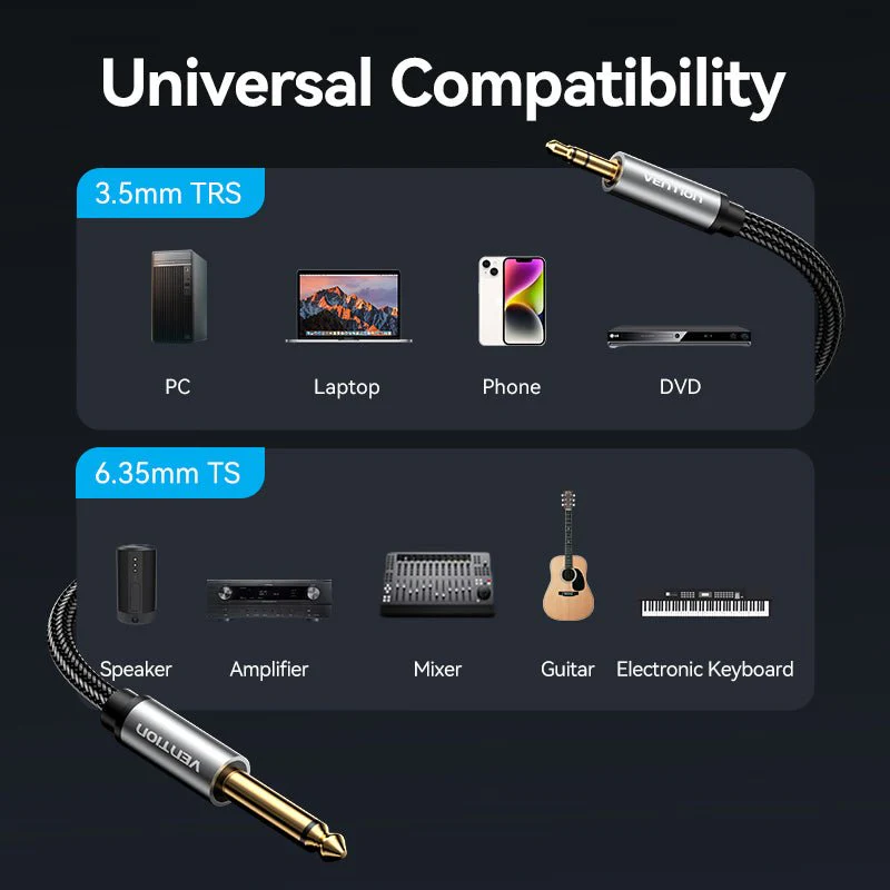 Vention Nylon Braided 3.5mm TRS Male to 6.35mm TS Male Audio Cable 1M Gray Aluminum Alloy Type - Image 10