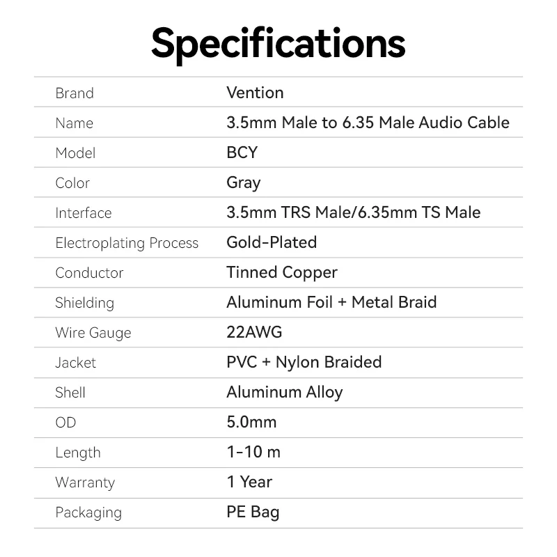 Vention Nylon Braided 3.5mm TRS Male to 6.35mm TS Male Audio Cable 1M Gray Aluminum Alloy Type - Image 12
