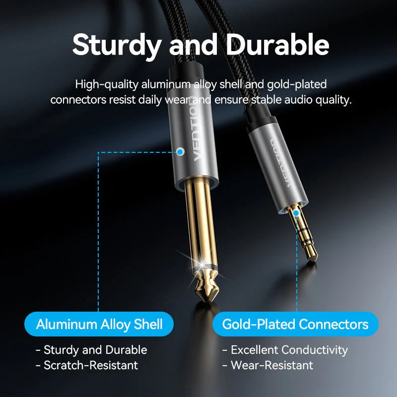 Vention Nylon Braided 3.5mm TRS Male to 6.35mm TS Male Audio Cable 1M Gray Aluminum Alloy Type - Image 8