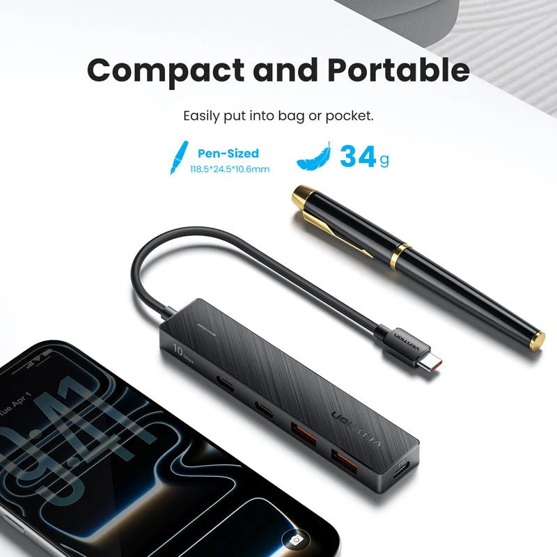 Vention USB-C to USB 3.2 Gen 2 Type-C*2 + USB 3.2 Gen 2 Type-A*2 + PD 10G Hub 0.15M Black - Image 3